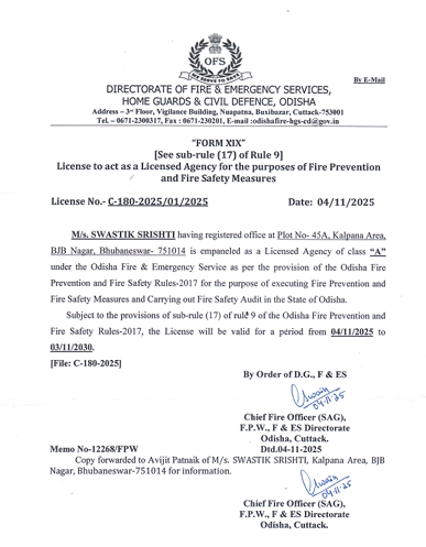 A Class Licensed Agency-Cum-Fire Safety Auditor Of  Odisha Fire & Emergecy Servies