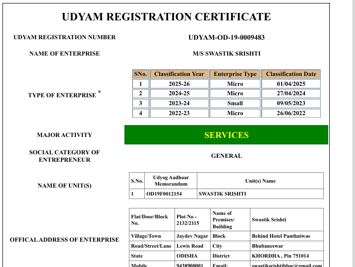 Udyam (MSME) Registration (issued by the Government of India) -  UDYAM-OD-19-0009483